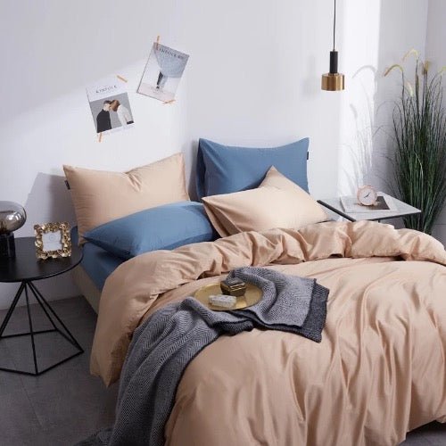 Single size 4 pieces Bedding Set without filler, Plain Beige with Blue