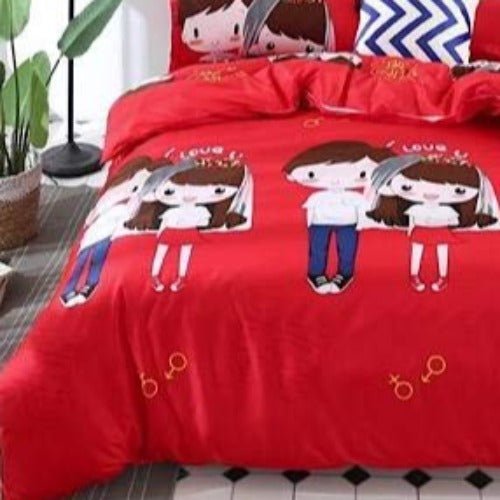 Single size 4 pieces Bedding Set without filler, Red Color Couple Design - BusDeals