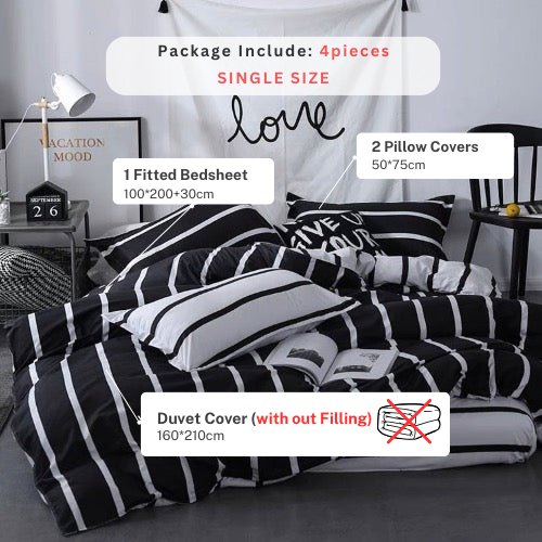 Single Size 4 Pieces, Black & White Stripe Design. - BusDeals