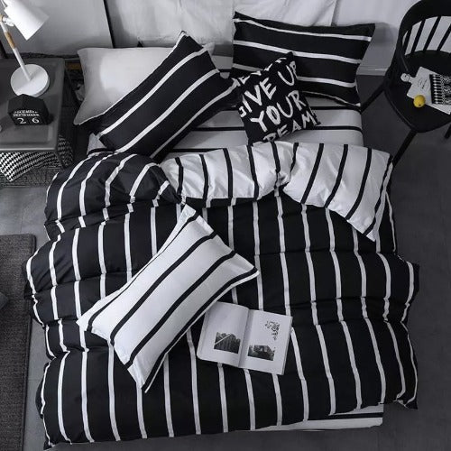 Single Size 4 Pieces, Black & White Stripe Design. - BusDeals