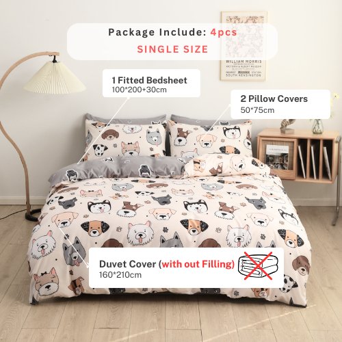 Single size 4 pieces, brown cute dogs design. - BusDeals