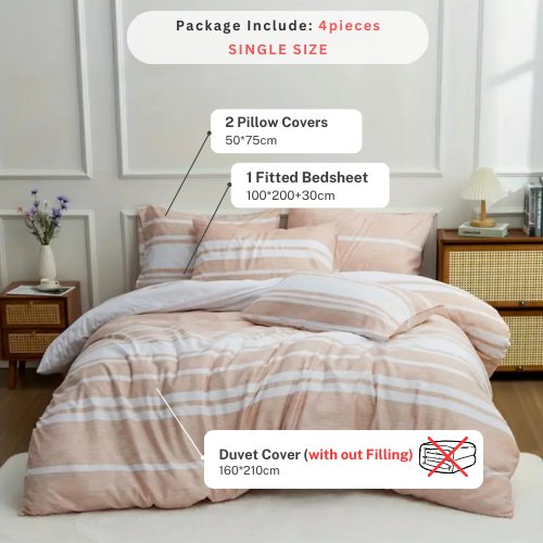 Single Size 4 pieces Coral Stripe Design Duvet cover set. - BusDeals