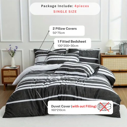 Single Size 4 pieces Duvet cover set, Black Stripe Design. - BusDeals
