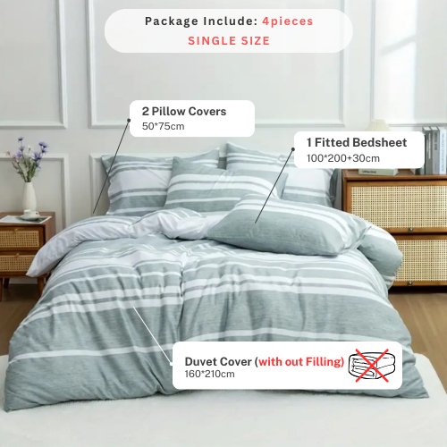Single Size 4 pieces Green Stripe Design Duvet cover set. - BusDeals