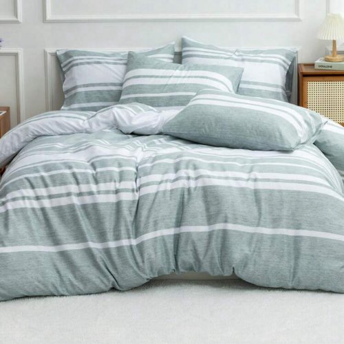 Single Size 4 pieces Green Stripe Design Duvet cover set. - BusDeals