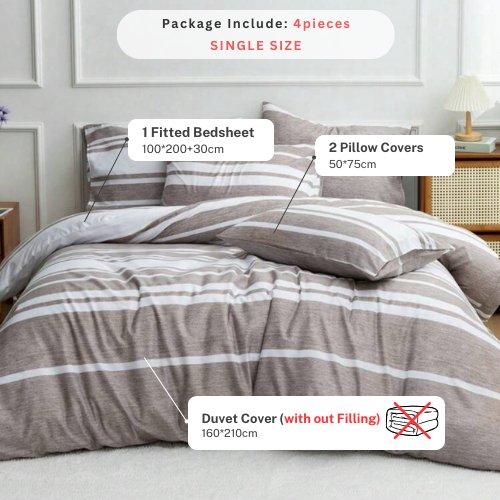Single Size 4 pieces, Light Brown Stripe Design Bedding set. - BusDeals