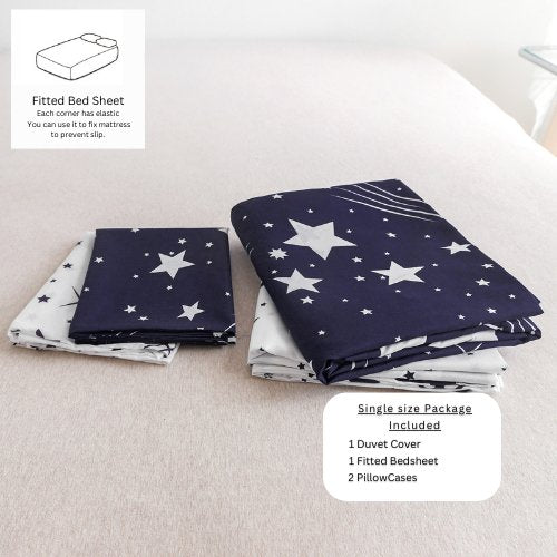 Single size 4 Pieces Reversible Navy Blue Sky Stars Fall Design, Duvet cover without filler. - BusDeals