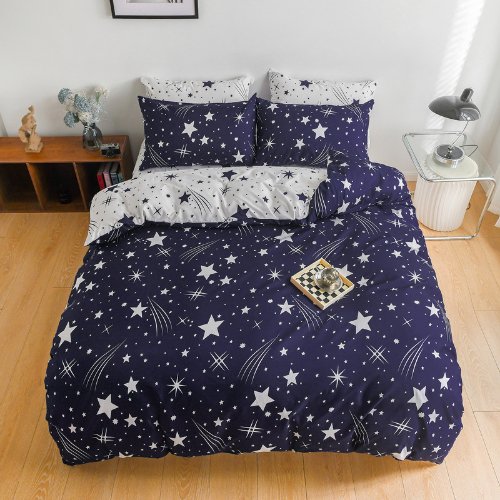 Single size 4 Pieces Reversible Navy Blue Sky Stars Fall Design, Duvet cover without filler. - BusDeals