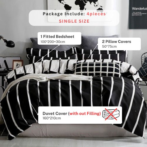 Single Size 4 Pieces set without filler, Black & White Stripe Design. - BusDeals