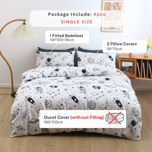 Single size 4 pieces, white with black space print. - BusDeals