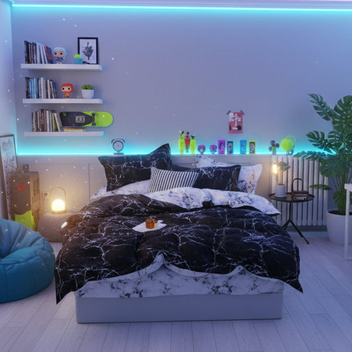 Modern bedroom with marble-patterned bedding, shelves, and decorative items.