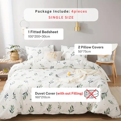 Single size bedding set 4 pieces without filler, Small Green leaves design - BusDeals