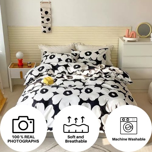 Single size bedding set 4 pieces without filler, White Flower design - BusDeals