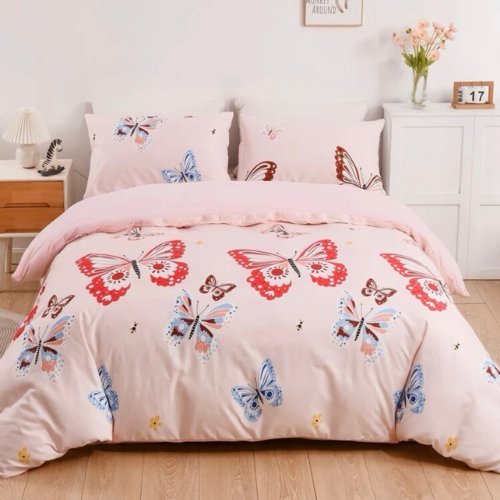 Single Size, Duvet Cover, Bedding Set of 4 Pieces, Butterfly Design with plain pink bedsheet - BusDeals