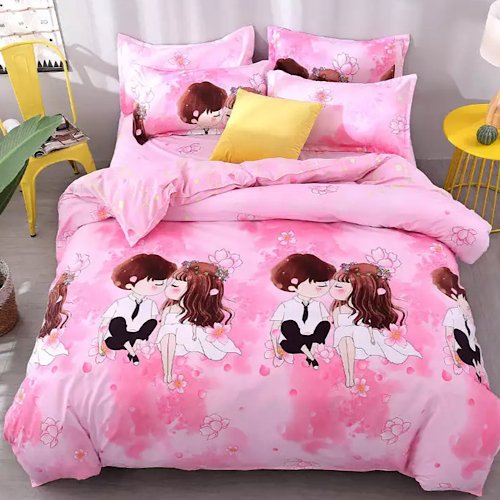 Single Size, Duvet Cover, Bedding Set of 4 Pieces, Cute Couple Design - BusDeals