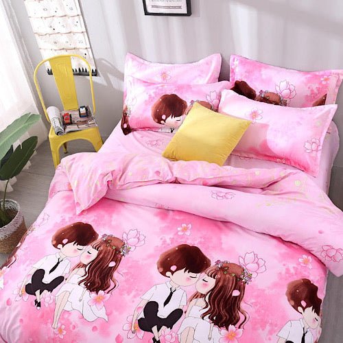 Single Size, Duvet Cover, Bedding Set of 4 Pieces, Cute Couple Design - BusDeals