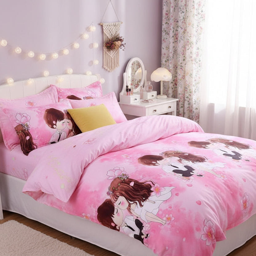Single Size, Duvet Cover, Bedding Set of 4 Pieces, Cute Couple Design - BusDeals