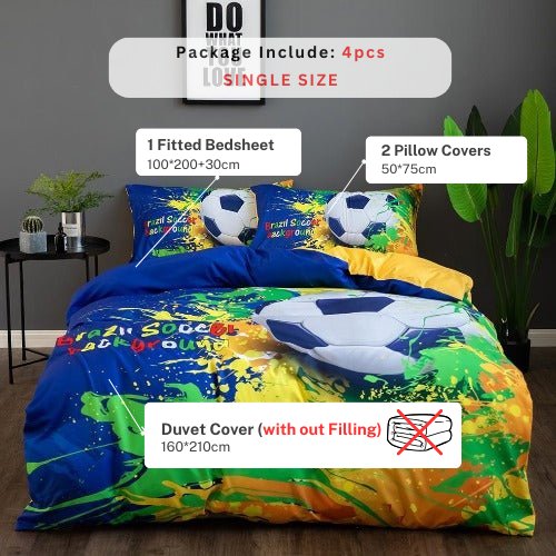 Single Size, Duvet Cover, Bedding Set of 4 Pieces, Soccer Ball 3D Design. - BusDeals