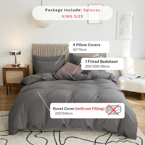 Washable Cotton 6 Piece King Size Duvet Cover Plain Design, Plain Dark Gray Color. - BusDeals