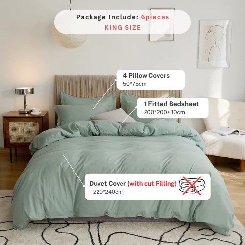 Washable Cotton 6 Piece King Size Duvet Cover Plain Design, Plain Green Color. - BusDeals