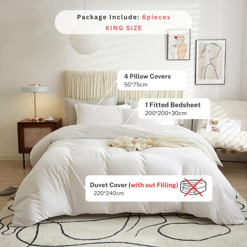 Washable Cotton 6 Piece King Size Duvet Cover Plain Design, Plain Off White. - BusDeals