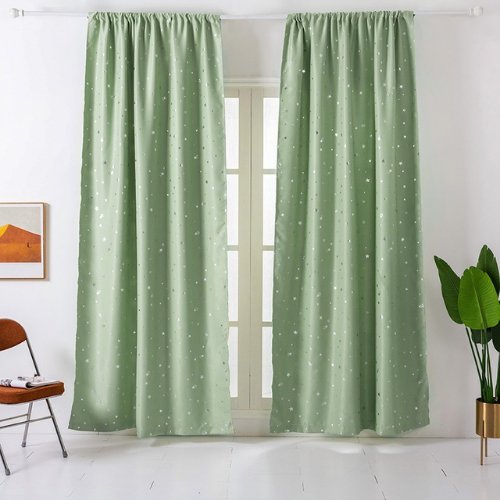 Window Curtains Green Color, Small Stars Foil Design. - BusDeals