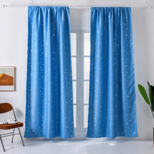 Window Curtains Light Blue Color, Stars Foil Design. BusDeals WINDOW