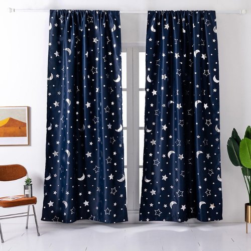 Window Curtains Navy Blue Color, Stars & Moon Foil Design. - BusDeals