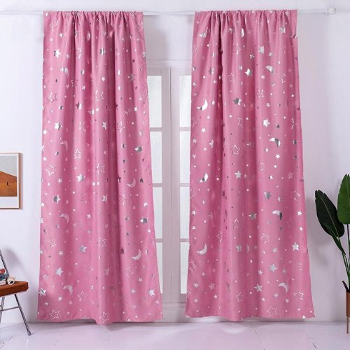 Window Curtains Pink Color, Stars & Moon Foil Design. - BusDeals