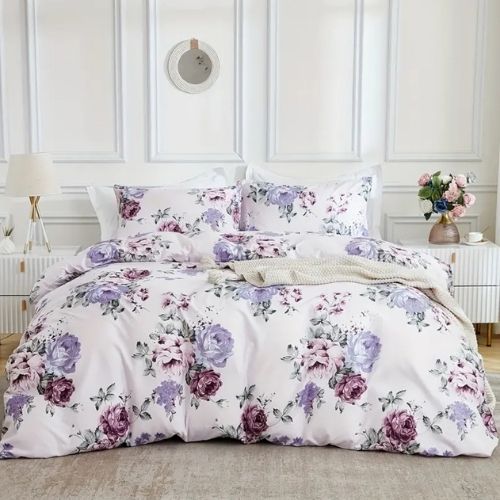 Queen size 6 piece bedding set, white bed linen with purple floral pattern, BusDeals.Today