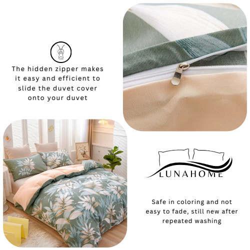 Queen size 6 piece bedding set with green leaf pattern, very soft quality.