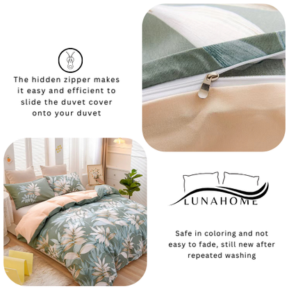 Queen size 6 piece bedding set with green leaf pattern, very soft quality.