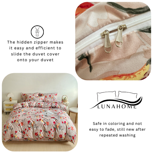 Queen size 6-piece modern duvet cover set with orange floral design.