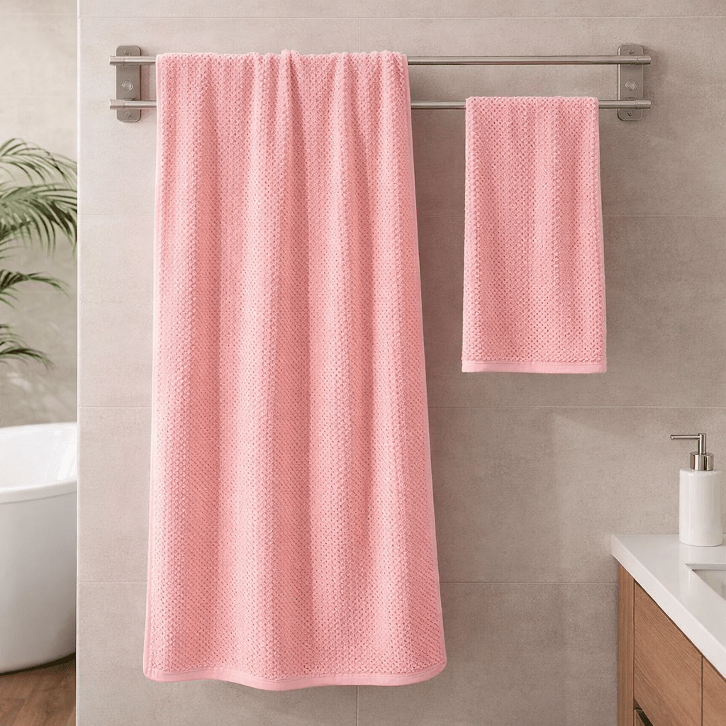 2 pcs fast dry Bath towel set (35x75cm, 70x140cm), fast dry coral towel set, Pink. - BusDeals