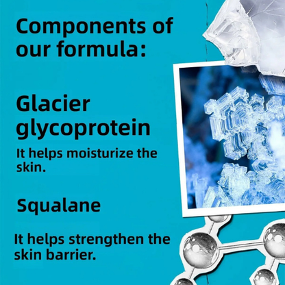 Advertisement for glacier glycoprotein and squalane with text and images on a blue background.