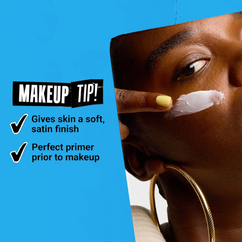 Makeup tip graphic with a woman applying cream to her face against a blue background