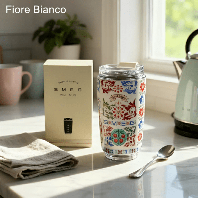 240ML Smeg Travel Portable Car Drinking Cup Stainless Steel Vacuum Leak proof Coffee Thermos, Fiore Blanco - BusDeals