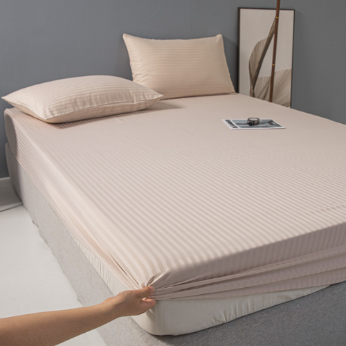 Single Size 3 Piece Set, Bedsheet with 2 Pillow Cases, Beige Color, Satin Striped Design.