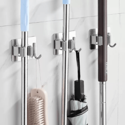 2pcs Steel Mop Holder with hook , No Drilling kitchen organizer Tools - BusDeals