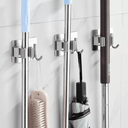 2pcs Steel Mop Holder with hook , No Drilling kitchen organizer Tools - BusDeals
