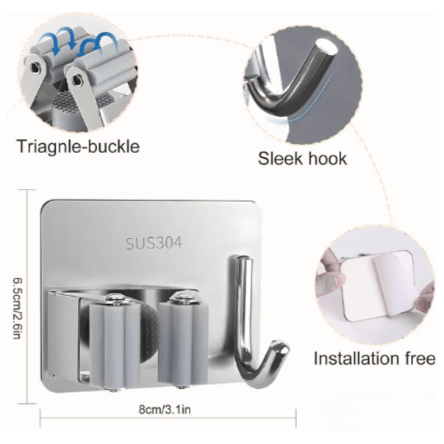 Collage of SUS-304 stainless steel hooks in various settings including garden, restroom, doorways, and kitchen.