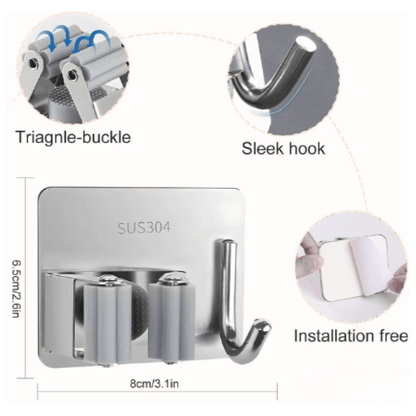 Collage of SUS-304 stainless steel hooks in various settings including garden, restroom, doorways, and kitchen.