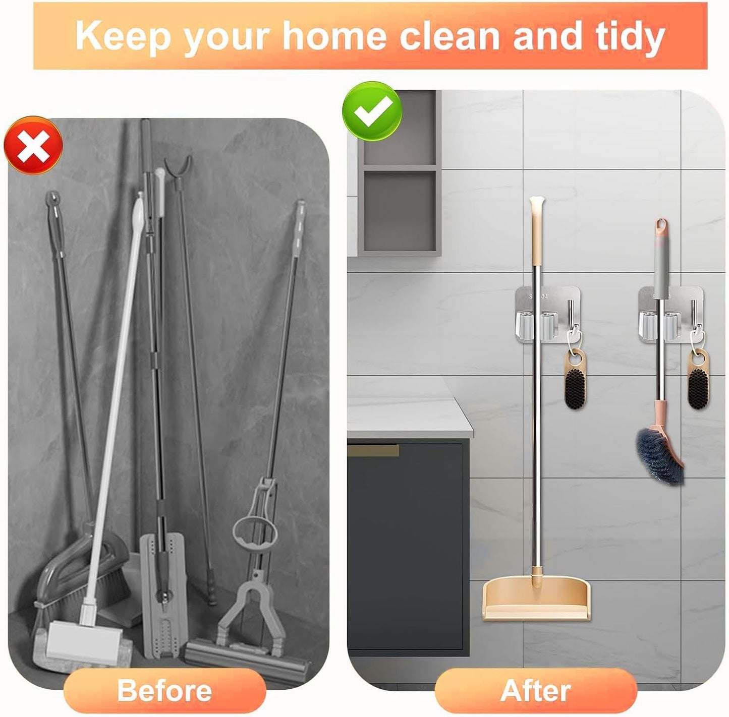 2pcs Steel Mop Holder with hook , No Drilling kitchen organizer Tools - BusDeals
