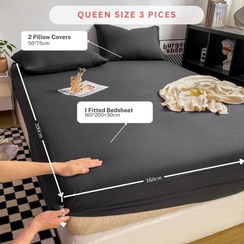 3 Pieces Fitted Bedsheet Set, Washable Cotton, Black Color, Various Sizes. - BusDeals