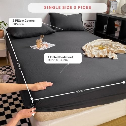 3 Pieces Fitted Bedsheet Set, Washable Cotton, Black Color, Various Sizes. - BusDeals