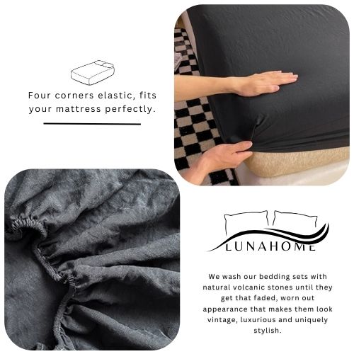 3 Pieces Fitted Bedsheet Set, Washable Cotton, Black Color, Various Sizes. - BusDeals