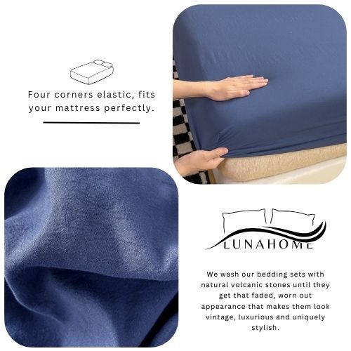 3 Pieces Fitted Bedsheet Set, Washable Cotton, Blue Color, Various Sizes. - BusDeals