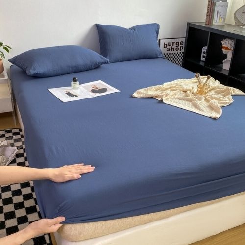 3 Pieces Fitted Bedsheet Set, Washable Cotton, Blue Color, Various Sizes. - BusDeals