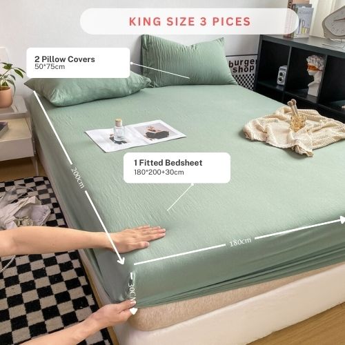 3 Pieces Fitted Bedsheet Set, Washable Cotton, Green Color, Various Sizes. - BusDeals