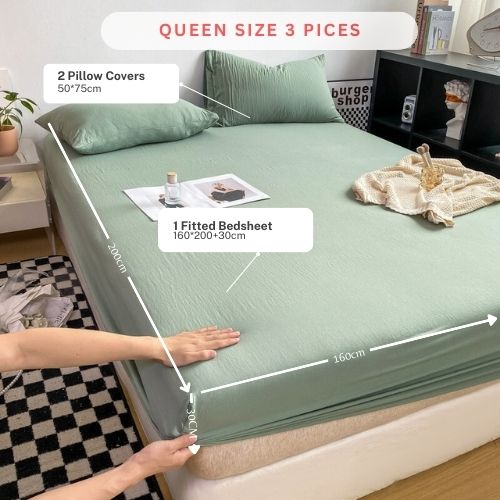 3 Pieces Fitted Bedsheet Set, Washable Cotton, Green Color, Various Sizes. - BusDeals